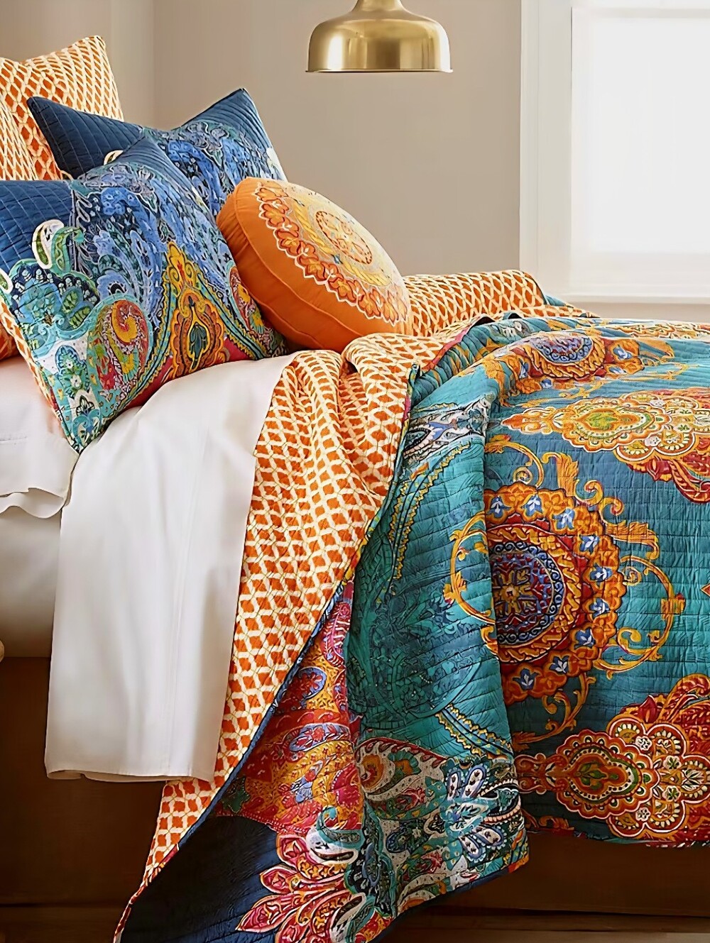 LEVTEX Mackenzie Vibrant Teal & Fuchsia Boho Eclectic Quilted Bedspread & Shams - Picture 5 of 6